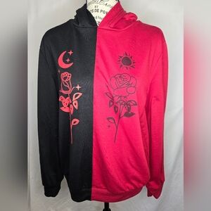 ROMWE Black & Red Split Rose Graphic Hoodie Sweatshirt